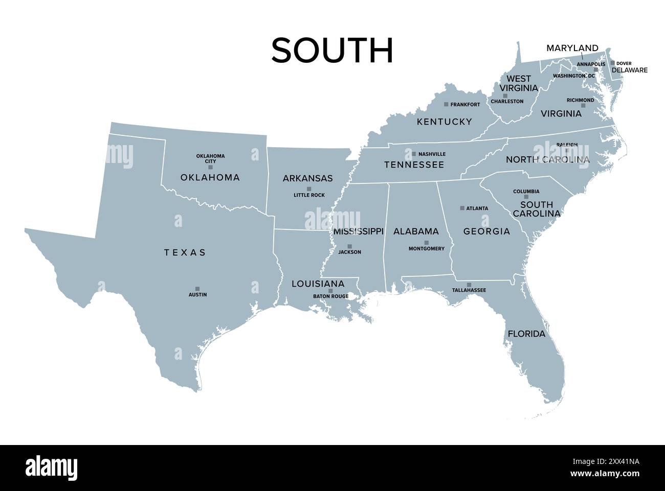 South Census Region Of The United States Of America Gray Political South Census Region Of The United States Of America Gray Political Map Of Census Region 3 Consisting Of 16 Single States And District Of Columbia 2XX41NA