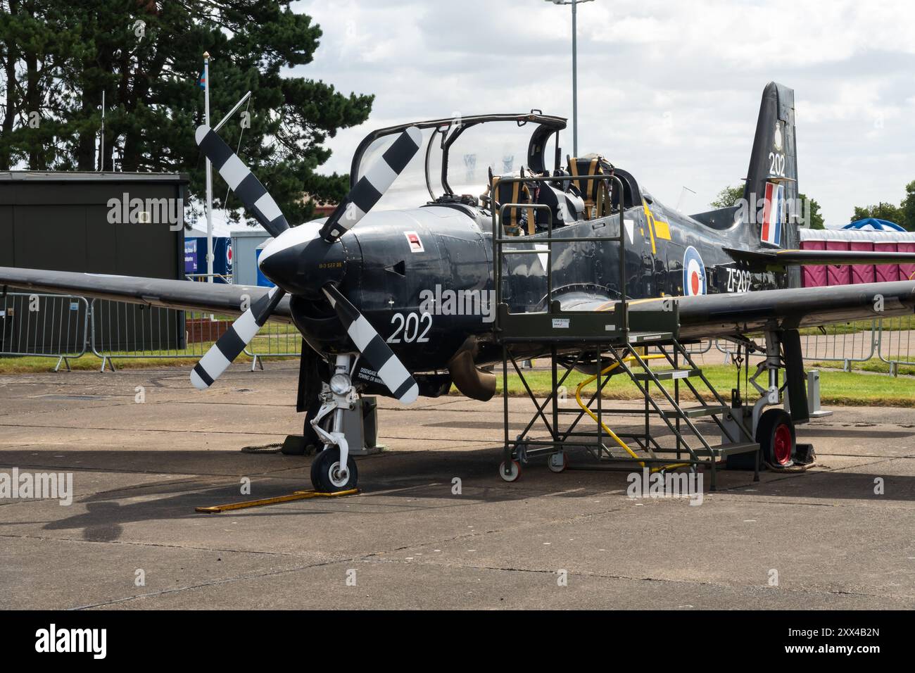 Royal Air Force Short Tucano T1 trainer, ZF202, retired from service, now a static display at RAF Syerston . Nottinghamshire, England Stock Photo