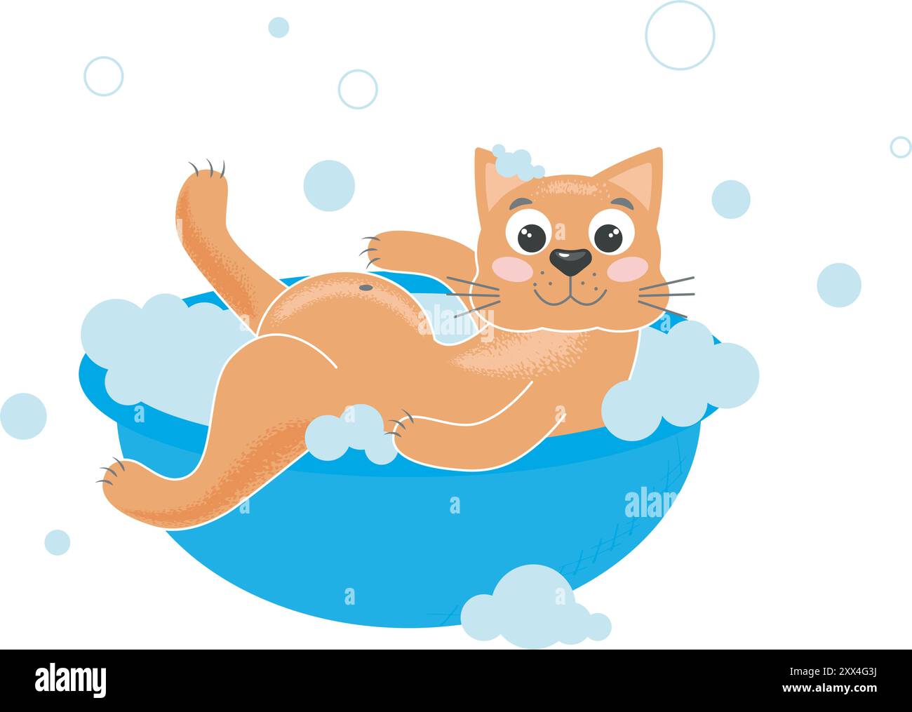 Ginger cat is suffering in basin of foam. Funny domestic pet is taking bath. Cat hygiene, grooming, vector graphics Stock Vector