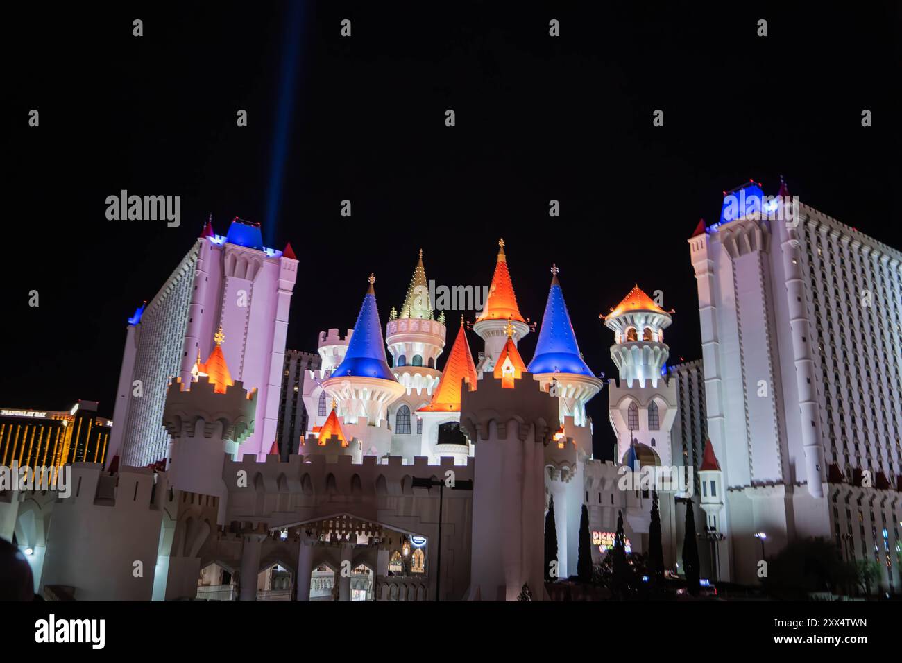 The night photo of Excalibur Hotel and Casino, a popular gambling and entertainment complex in Medieval castle style, at Las Vegas strip, Nevada, USA. Stock Photo