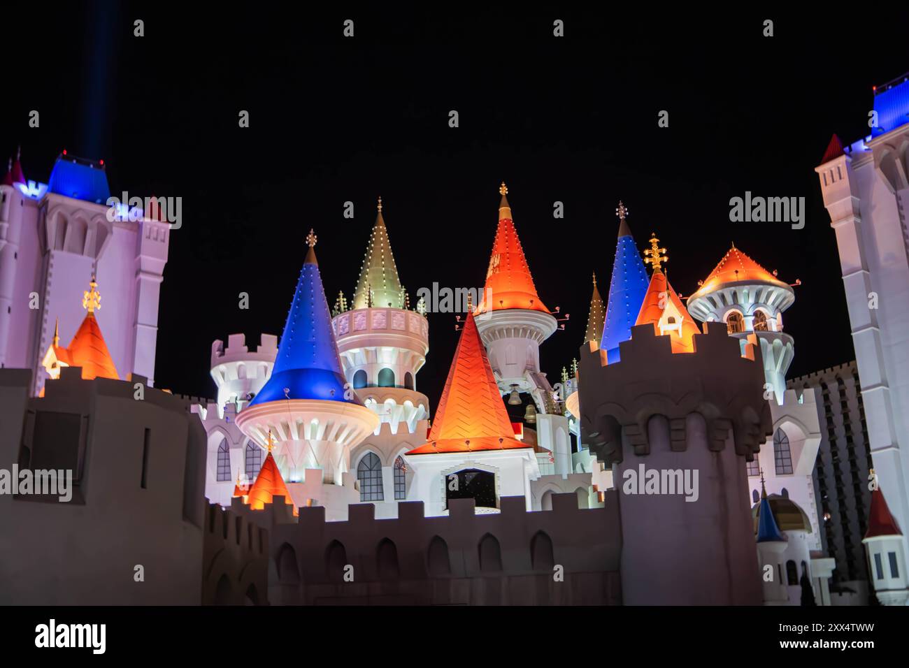 The night photo of Excalibur Hotel and Casino, a popular gambling and entertainment complex in Medieval castle style, at Las Vegas strip, Nevada, USA. Stock Photo