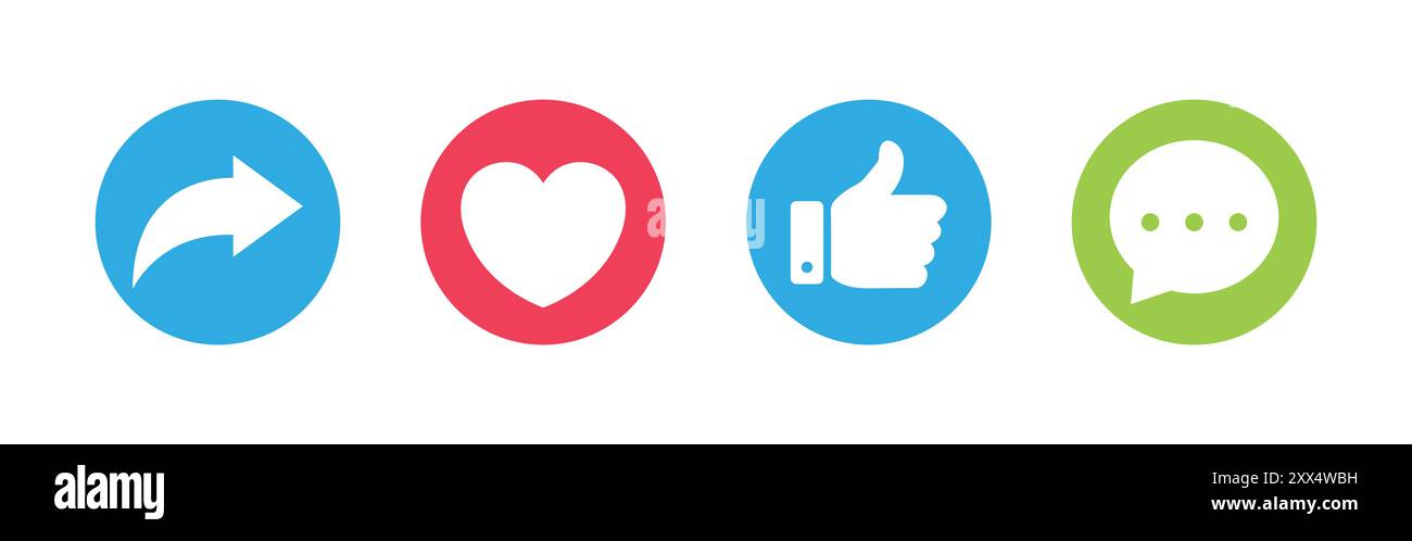 Like, Share, comment and love heart icon buttons. Social media ...