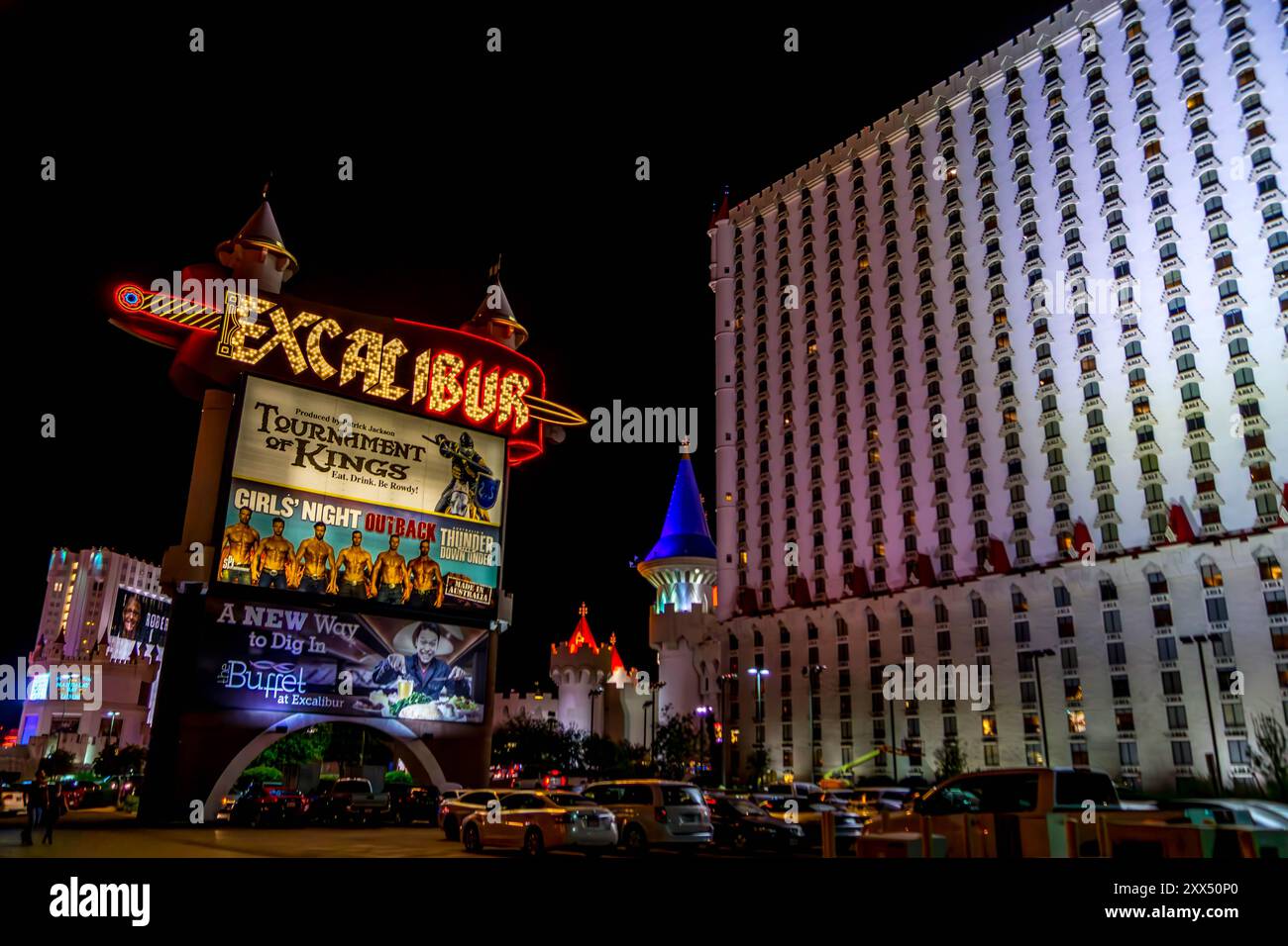 The night photo of Excalibur Hotel and Casino, a popular gambling and entertainment complex in Medieval castle style, at Las Vegas strip, Nevada, USA. Stock Photo