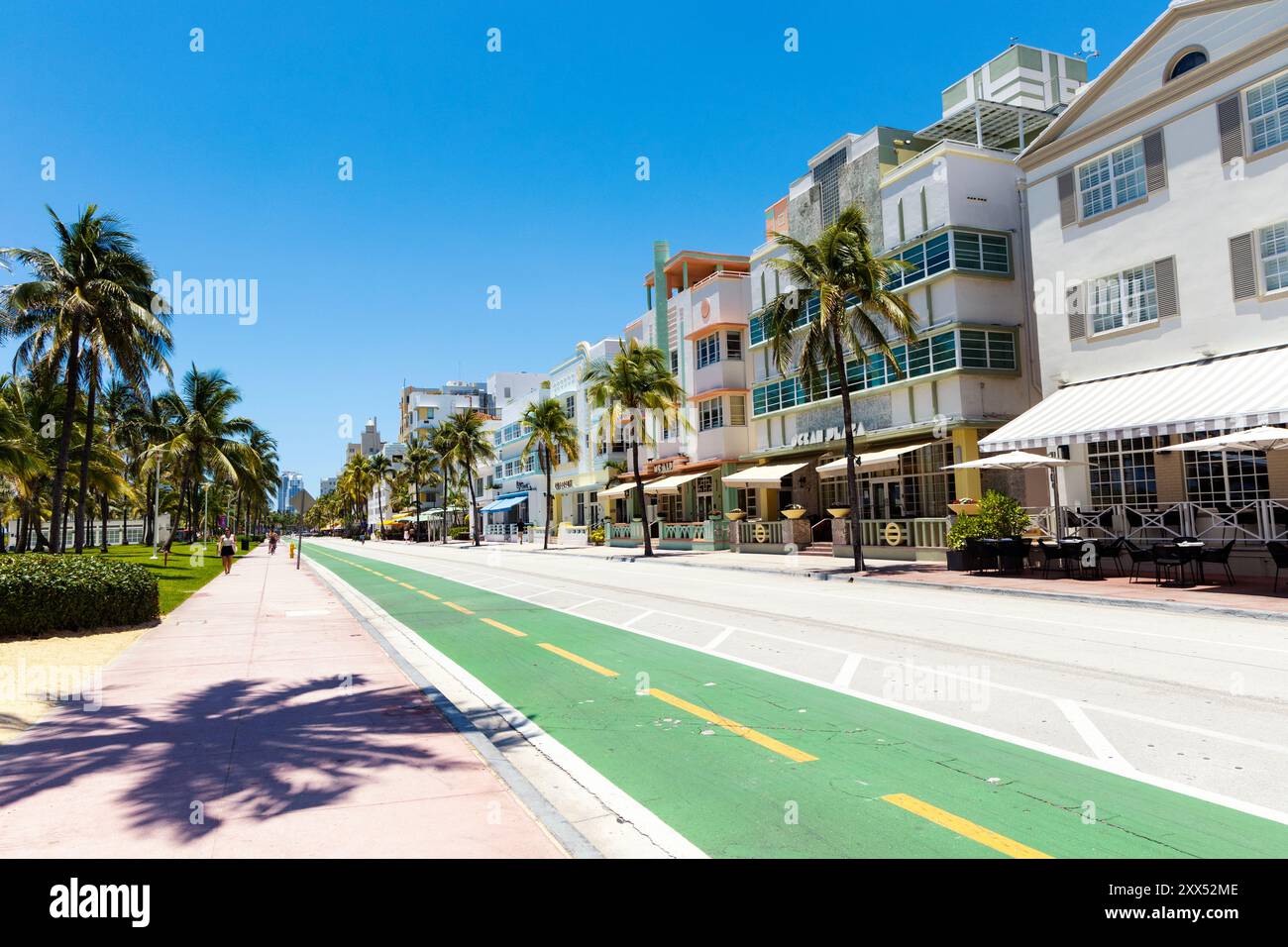 Pastel art deco buildings along Ocean Drive, Miami Beach, Florida, USA Stock Photo