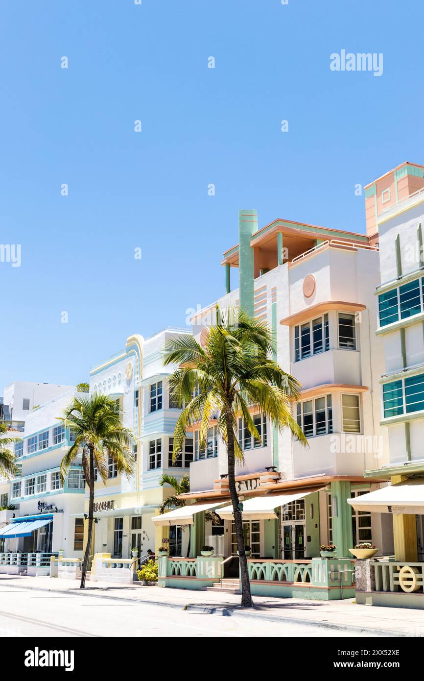 Pastel art deco building of the Hilton Grand Vacations Club McAlpin Ocean Plaza Hotel, Ocean Drive, Miami Beach, Florida, USA Stock Photo