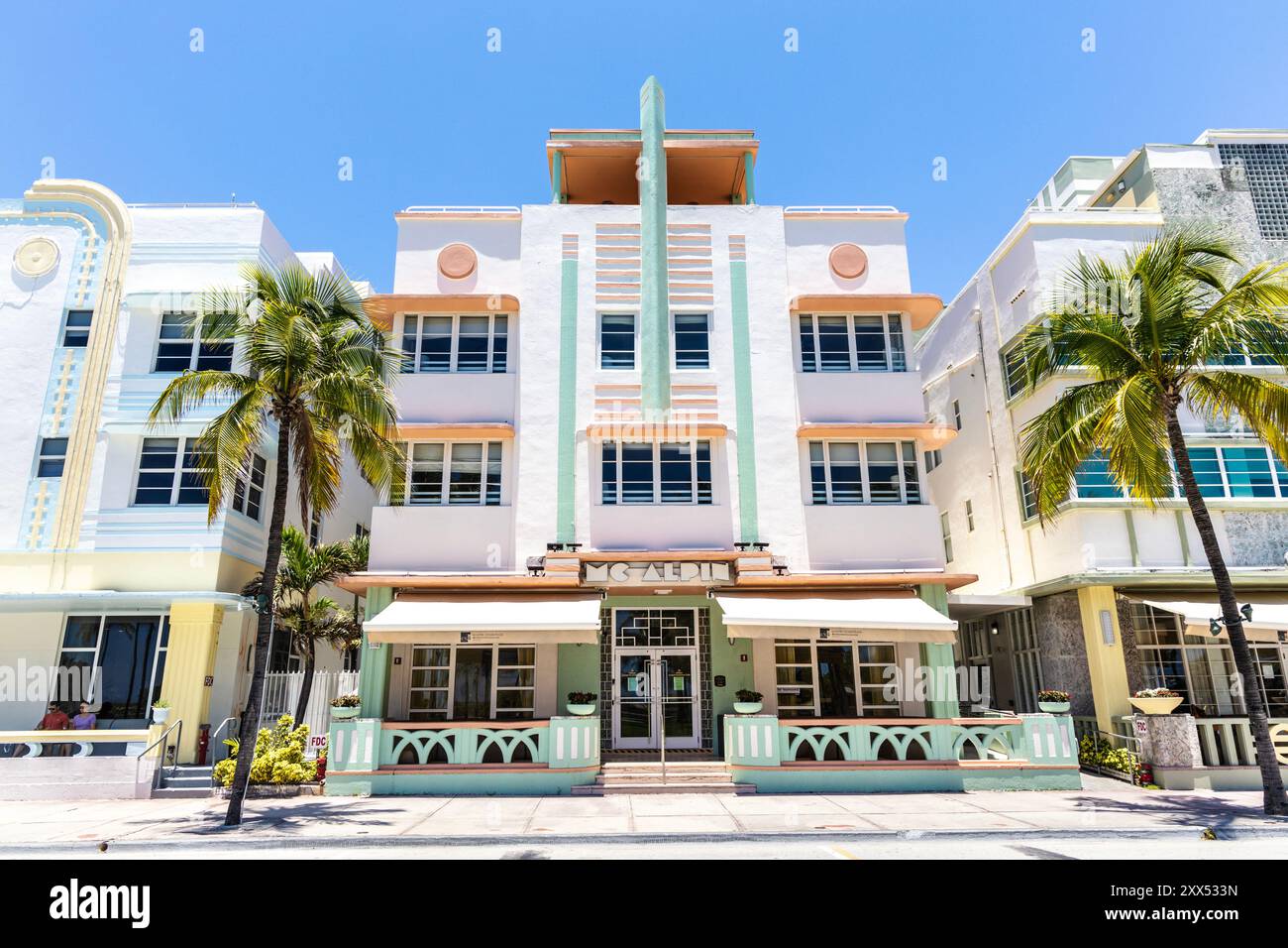 Pastel art deco building of the Hilton Grand Vacations Club McAlpin Ocean Plaza Hotel, Ocean Drive, Miami Beach, Florida, USA Stock Photo