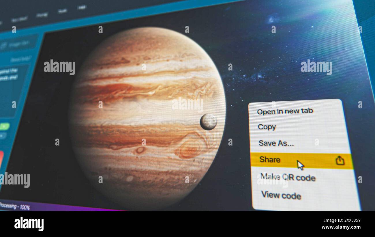 User interface of AI video generator. Artificial intelligence chatbot generate detailed high-quality video of Jupiter and its moon in space. Futuristic generative art. AI generated video creation. Stock Photo