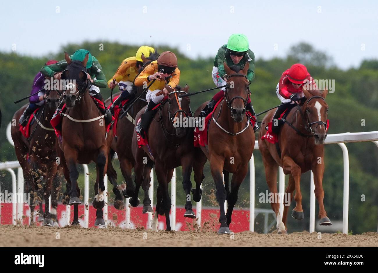 Road To Wembley ridden by Jockey Finley Marsh (centre right) on their way to winning in the tote.co.uk Wey Aye The Placepot Racing League R29 Handicap at Newcastle Racecourse. Picture date: Thursday August 22, 2024. Stock Photo