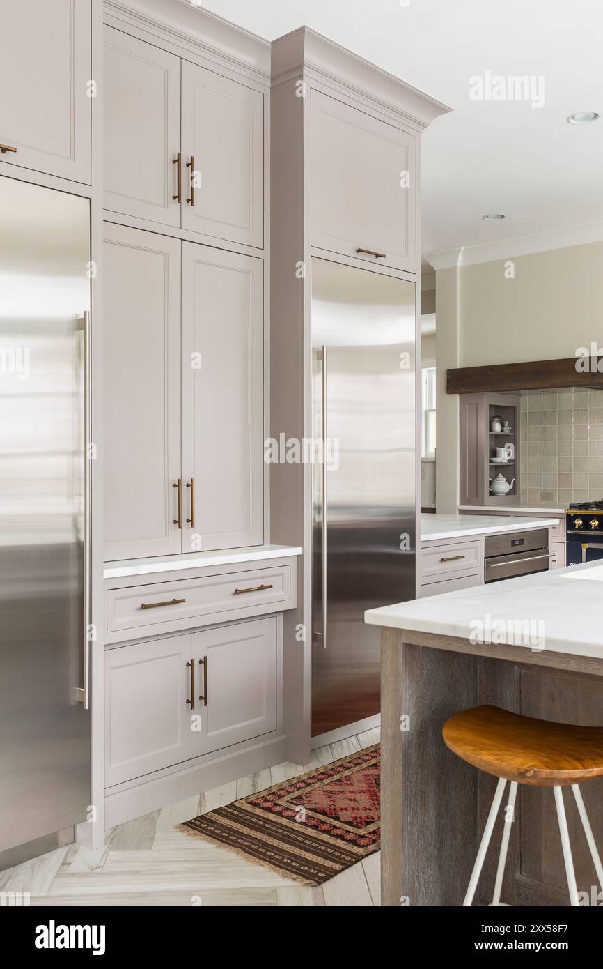 Kitchen cabinet area between two Sub Zero column refrigerators Stock Photo