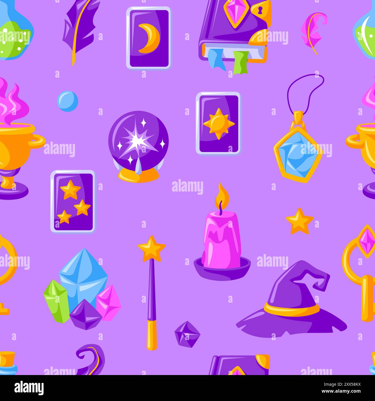 Pattern with magic items. Witchcraft alchemy mystery elements. Stock Vector