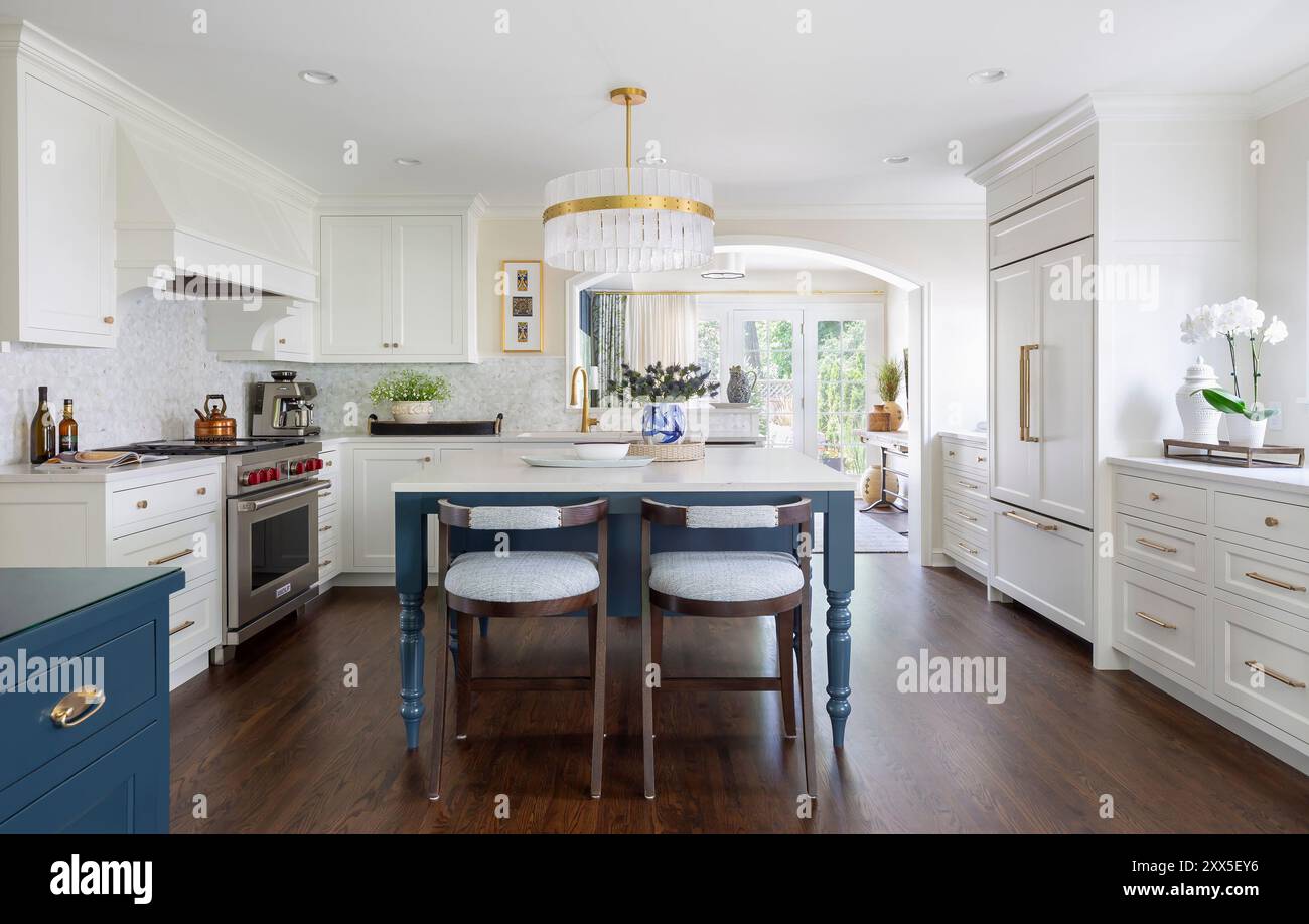 White kitchen with blue island hi-res stock photography and images - Alamy