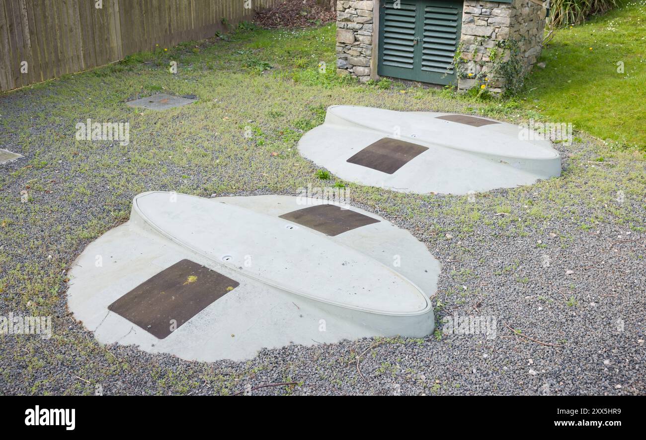 Domestic biomass sewage treatment plant at a rural property, UK Stock Photo
