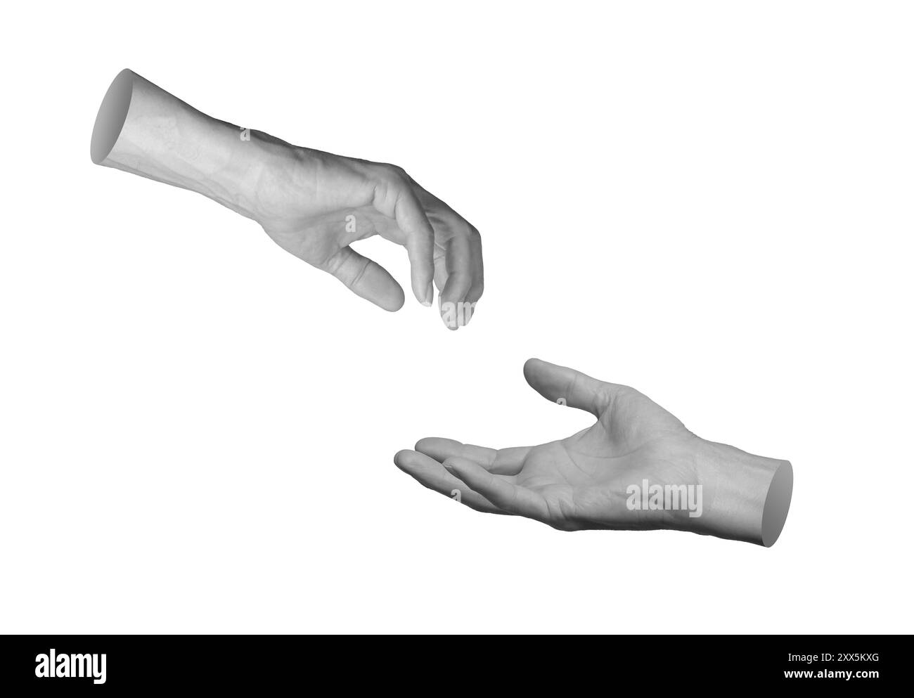Two hands reaching to each other for love, unity, help, isolated on white background. Stock Photo