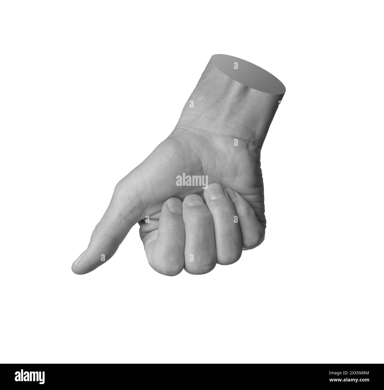 Thumb pressing down for biometric identification, hand gesture, sign isolated on white background. Stock Photo