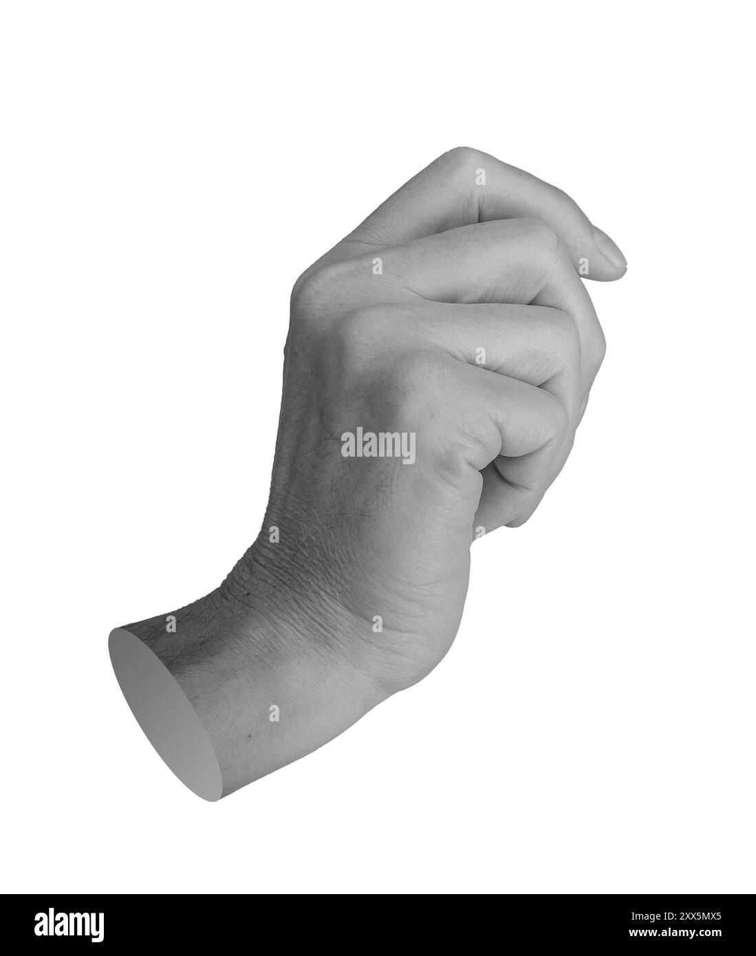 Holding something little, thin in hand isolated on white background.. Stock Photo