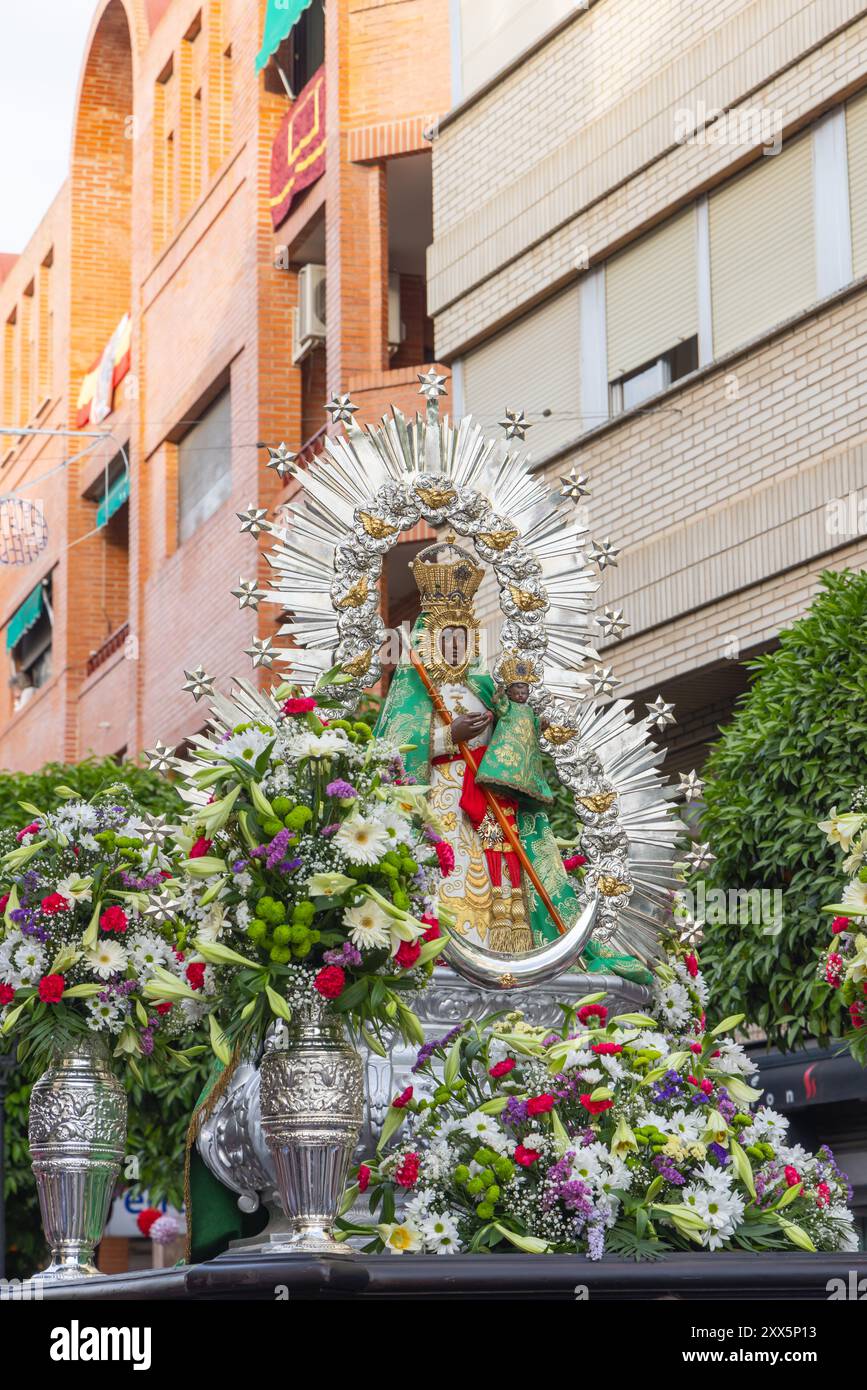 Andujar, Jaen Province, Andalusia, Spain. April 27, 2023. A statue of the Virgin de la Cabeza being carried during a procession at a religious festiva Stock Photo