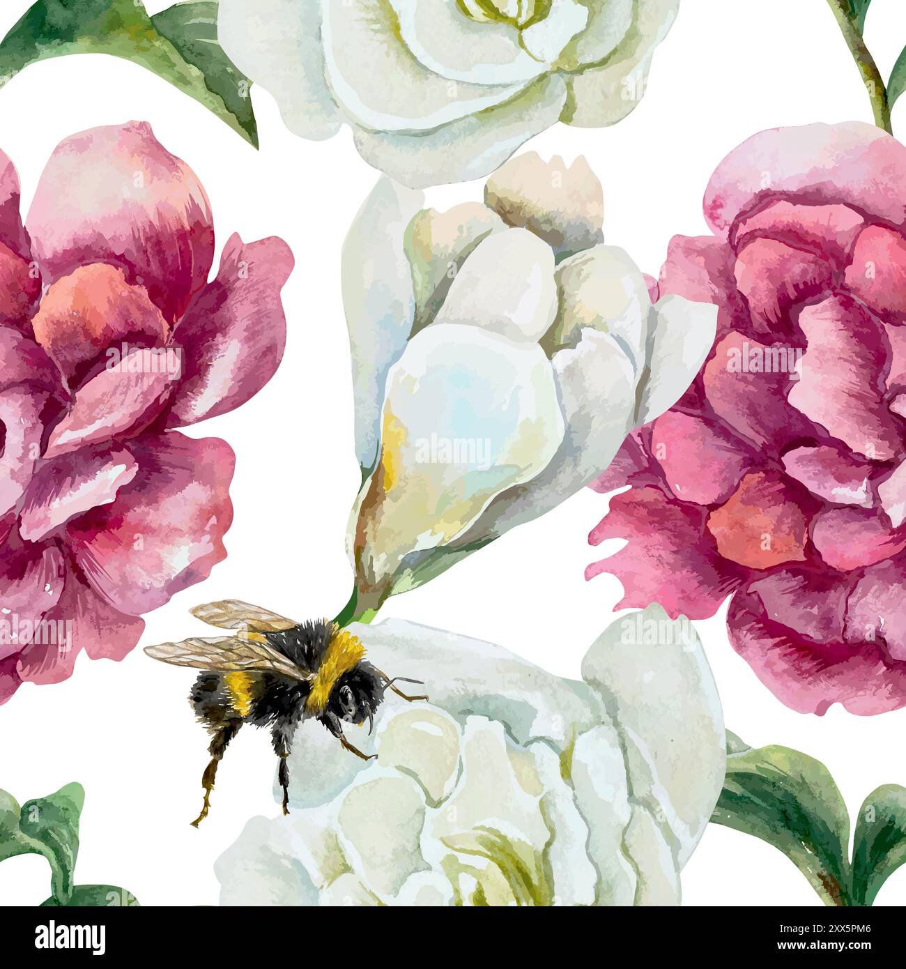 Peonies and bumblebee watercolor seamless pattern. Hand drawn vector ...