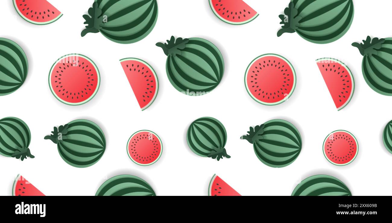 Seamless pattern 3d papercut watermelon sliced cutout fruit. Stock Vector