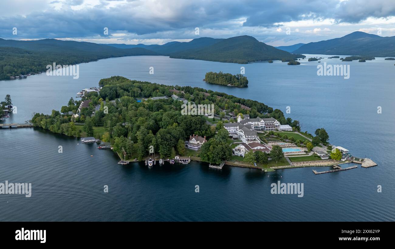 August 20 2024, Sunny afternoon summer aerial image of the area surrounding Bolton Landing, NY, USA and Lake George. Stock Photo