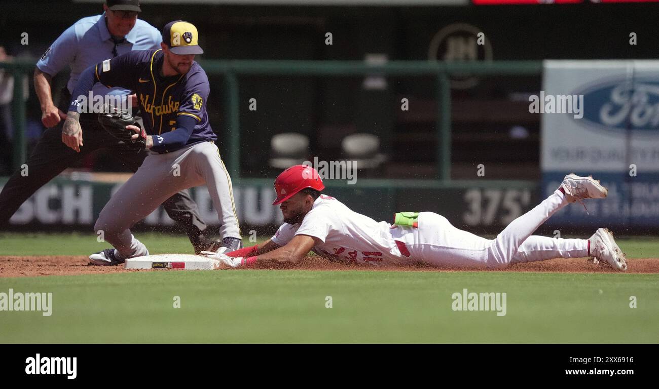 St. Louis, United States. 22nd Aug, 2024. St. Louis Cardinals Victor Scott II slides safely into second base with a double as Milwaukee Brewers second baseman Joey Ortiz takes the late throw in the third inning at Busch Stadium in St. Louis on Thursday, August 22, 2024. Photo by Bill Greenblatt/UPI Credit: UPI/Alamy Live News Stock Photo