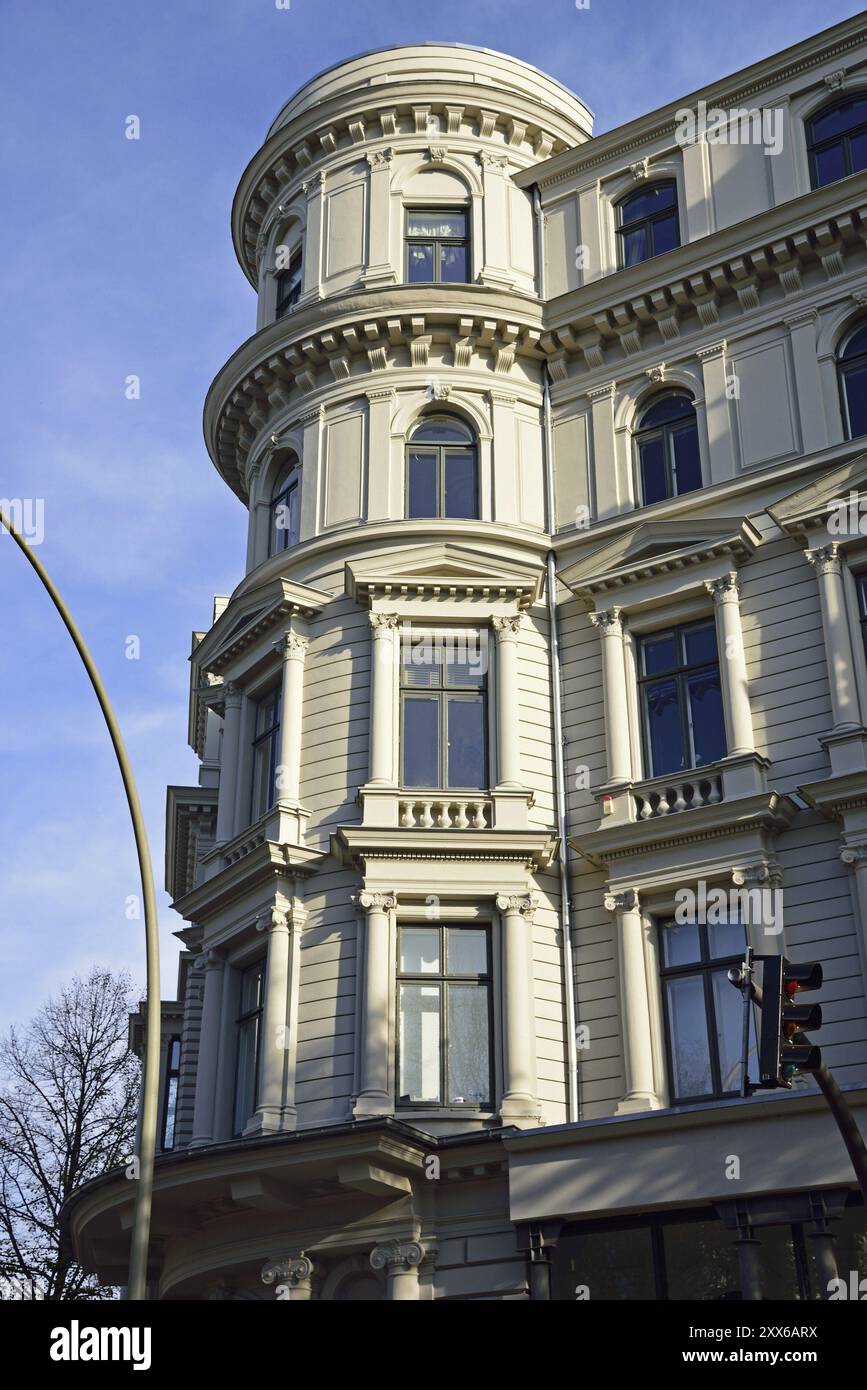 Europe, Germany, Hamburg, Rotherbaum, architecture, facade residential building, Gruenderjahre, corner tower, Europe Stock Photo