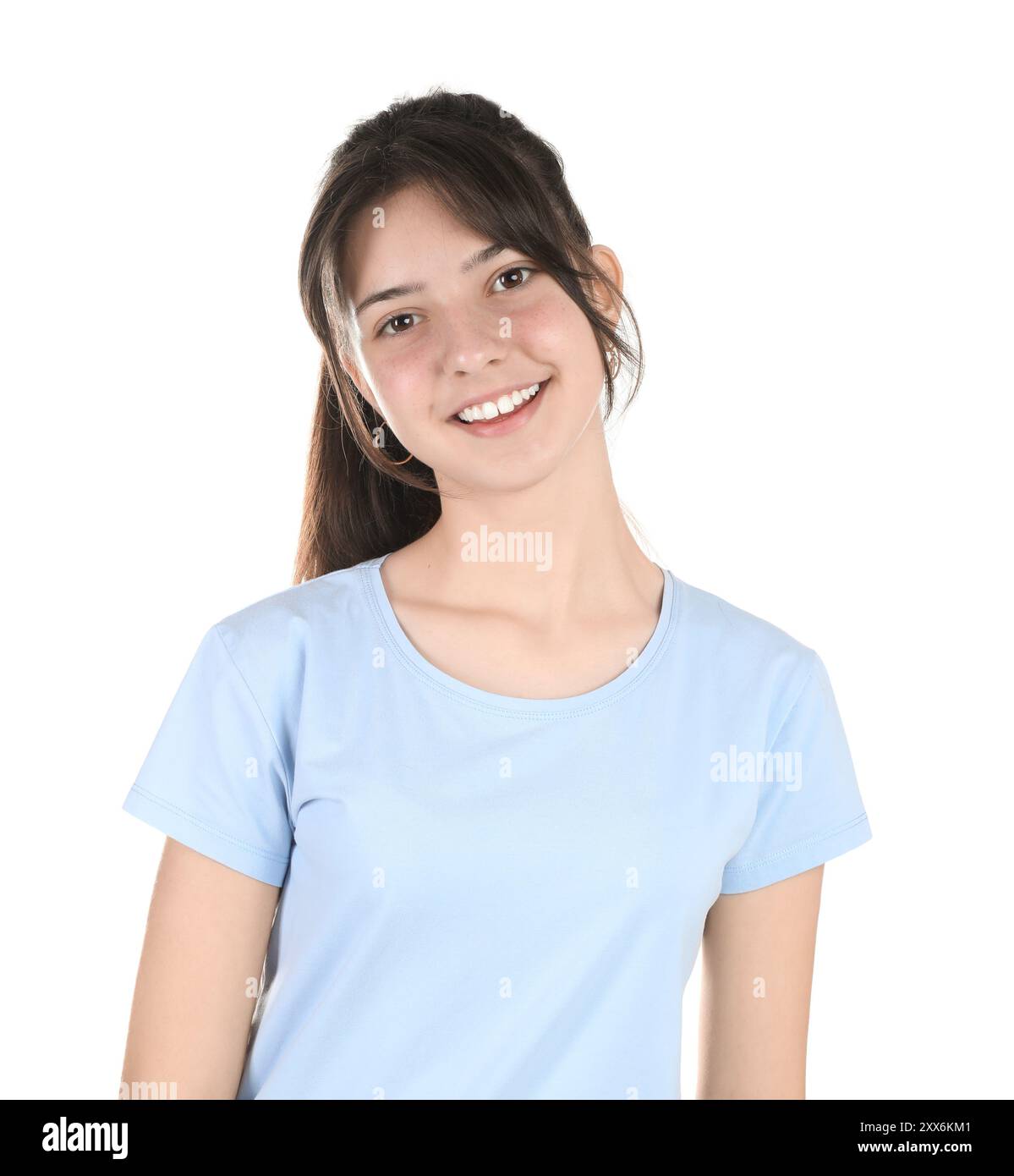Portrait of smiling teenage girl on white background Stock Photo - Alamy