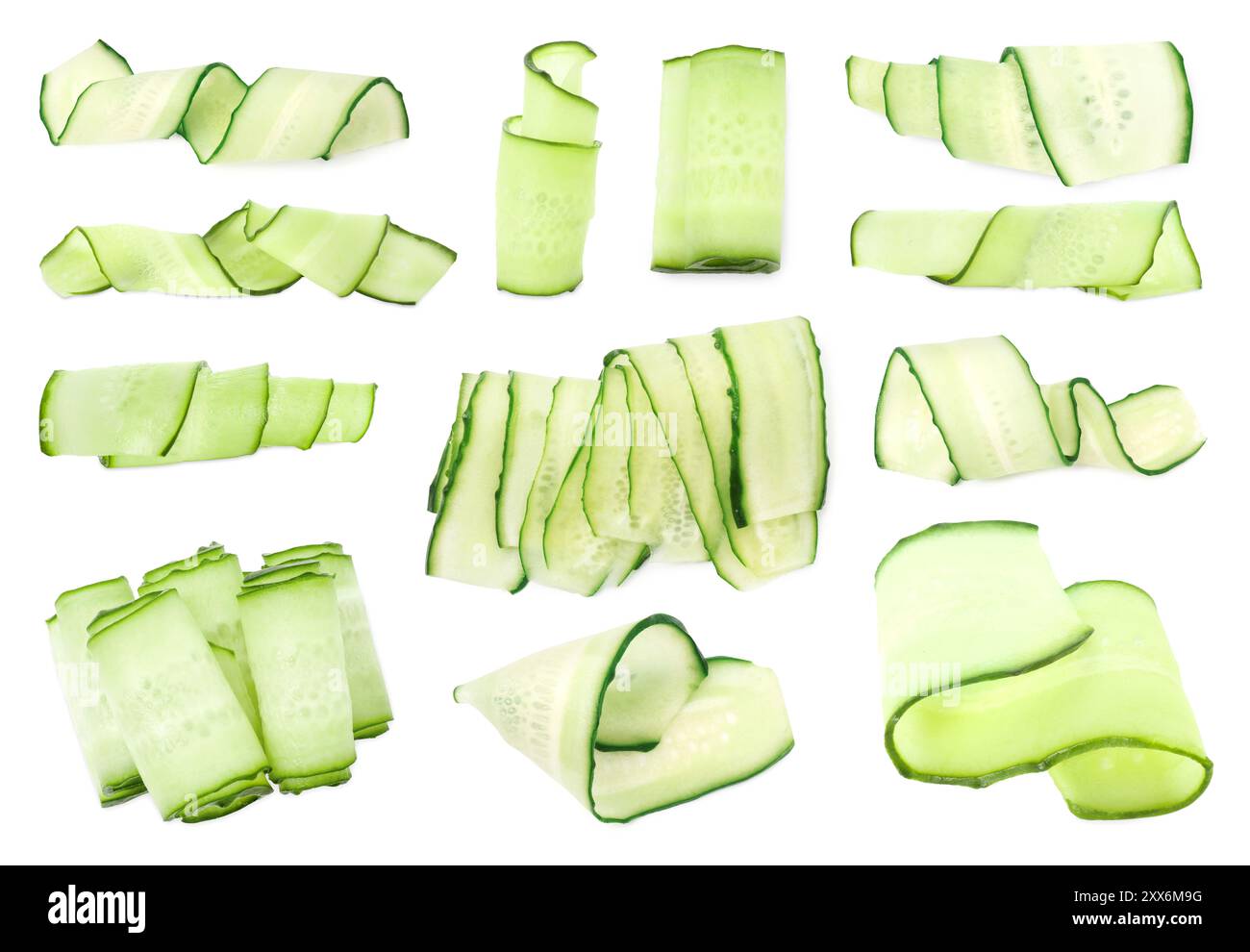 Thinly sliced cucumbers isolated on white, collage Stock Photo