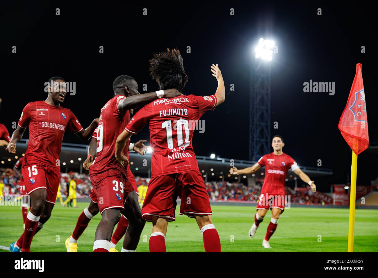 Kanya Fujimoto celebrates with teammates after scoring goal  during Liga Portugal game between teams of Gil Vicente FC and AVS  at Estadio Cidade de B Stock Photo