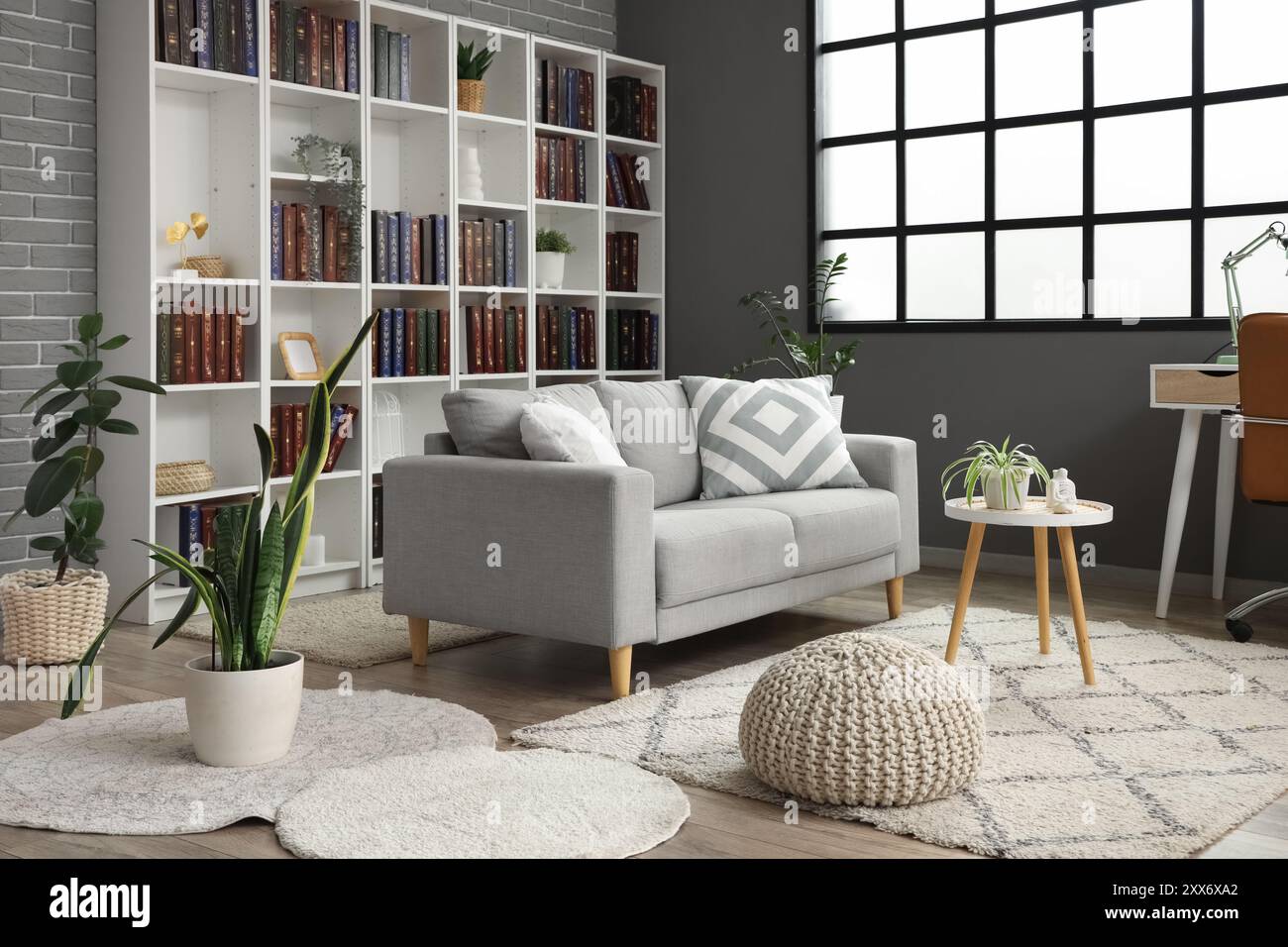 Interior of modern living room with grey sofa and bookshelf Stock Photo ...