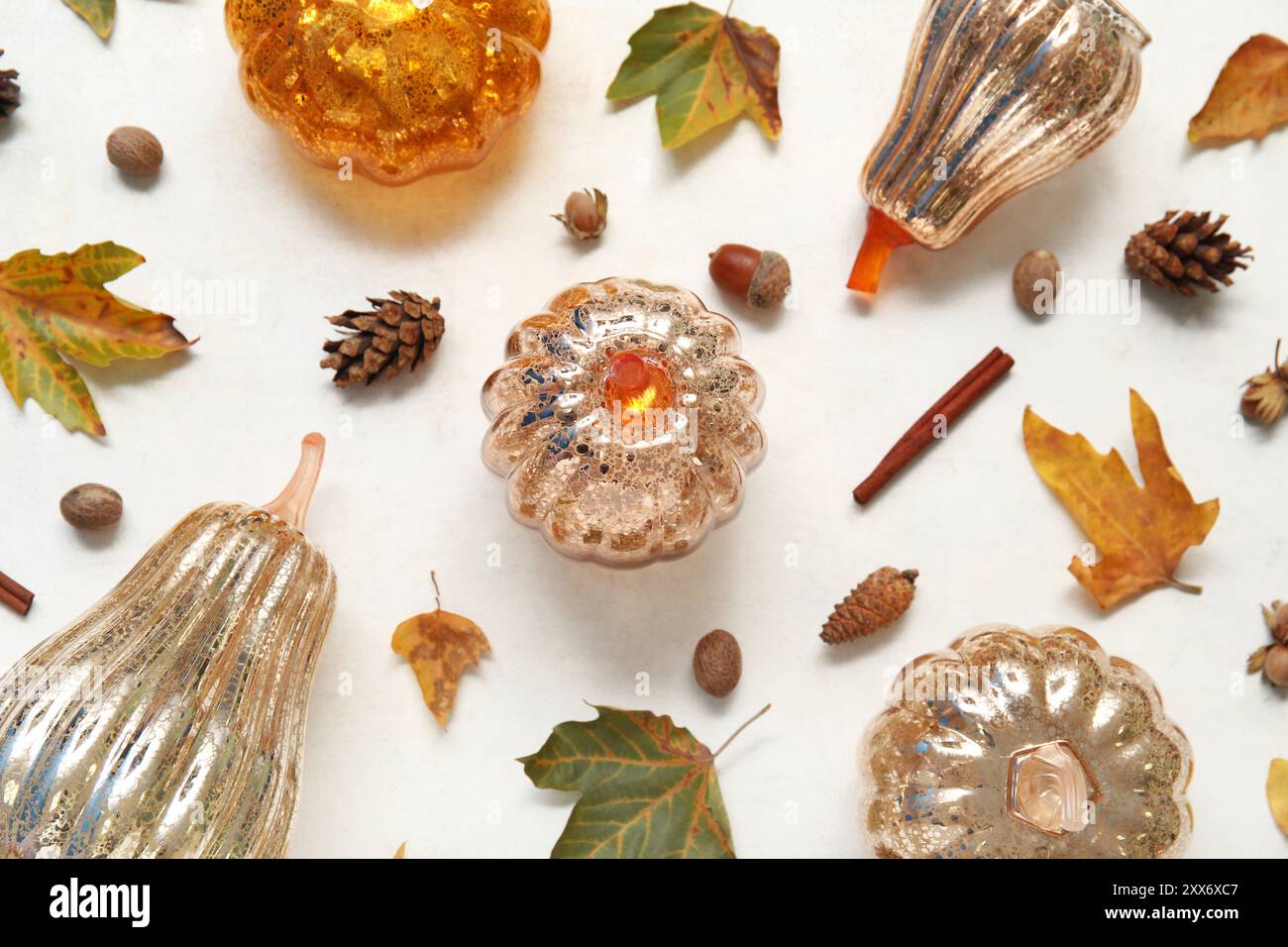 Decorative pumpkins with autumn leaves and acorns on white background ...