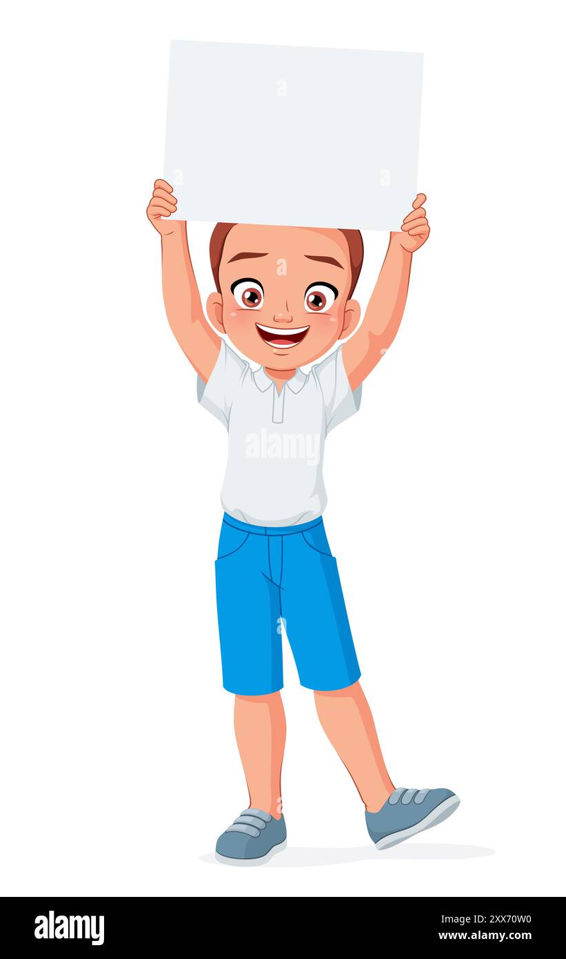 Happy little boy holding a blank banner. Cartoon vector illustration ...