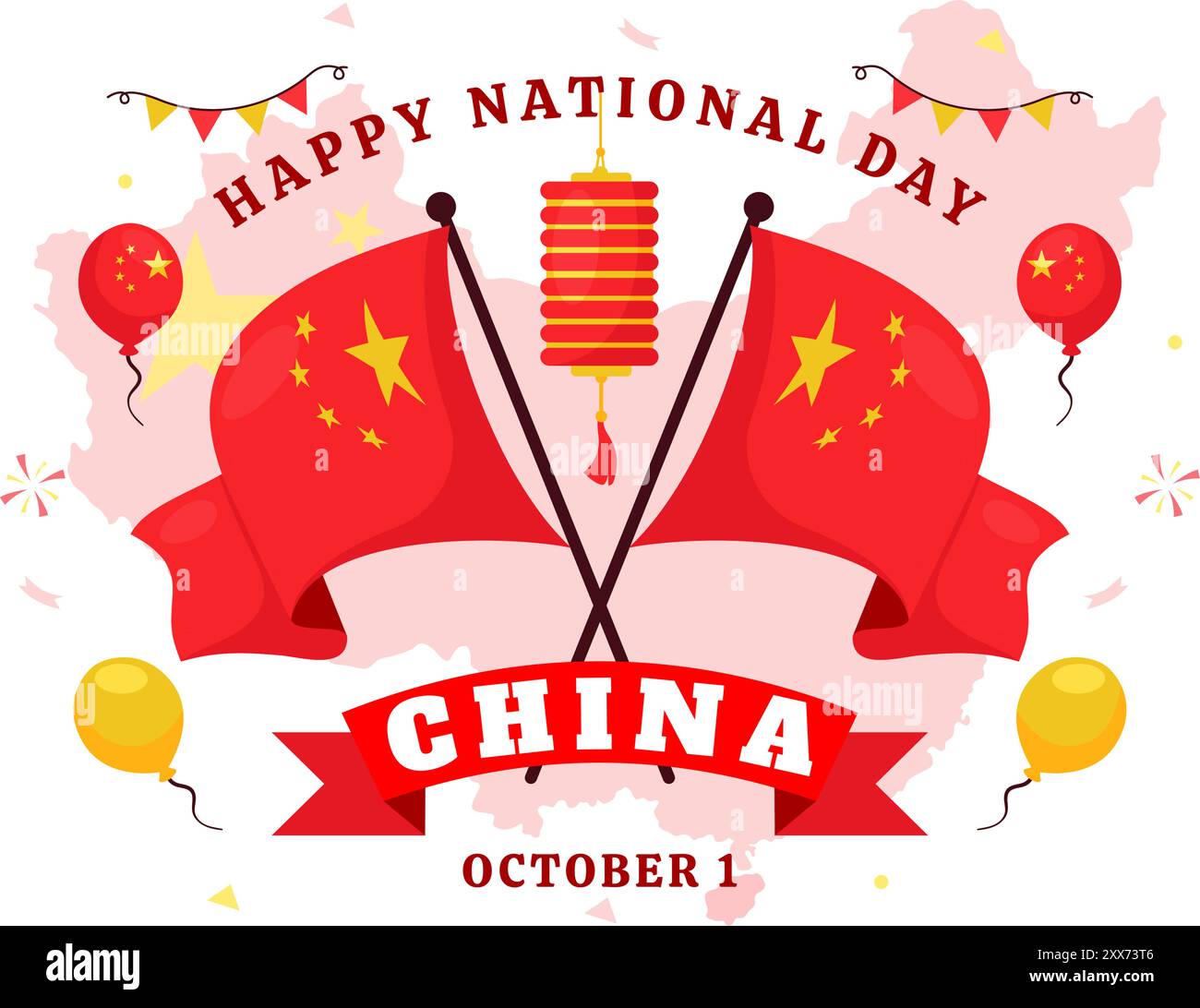 National Day of the People's Republic of China Vector Illustration for October 1st featuring a Waving Flag and Asian Elements in a Flat Red Background Stock Vector