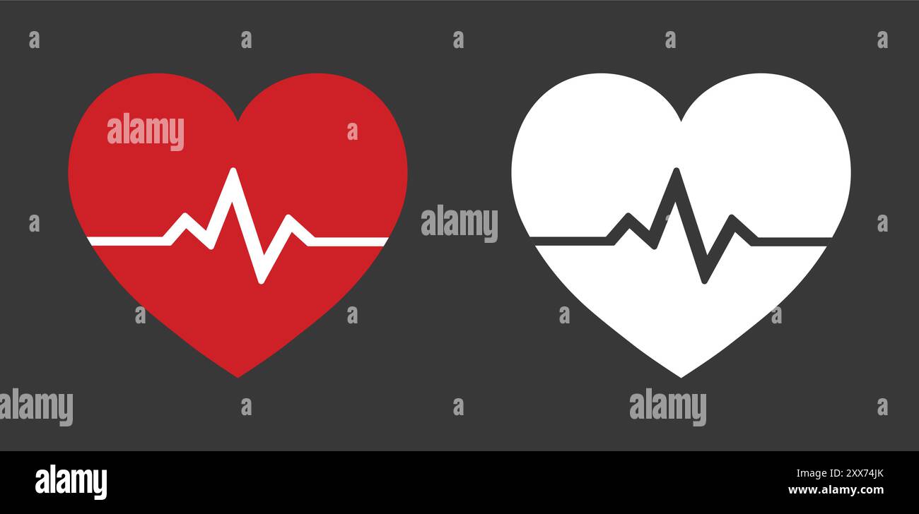 Heartbeat icon set in red and white color. Heart shape with pulse line ...