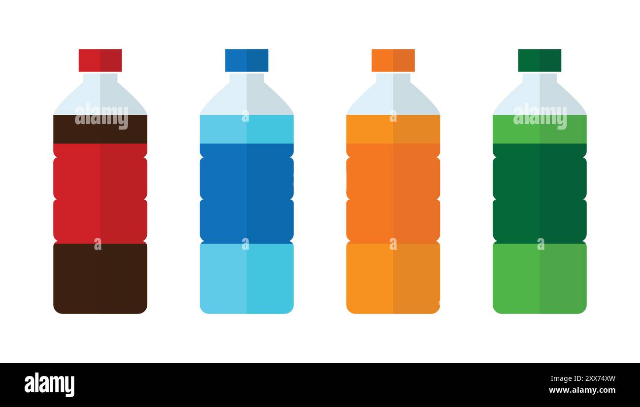 Set of sweet water plastic bottle soda, lemon, orange and water. Drinks in bottles. Plastic beverage bottles icon set. Bottled cold drinks flat design. Stock Vector