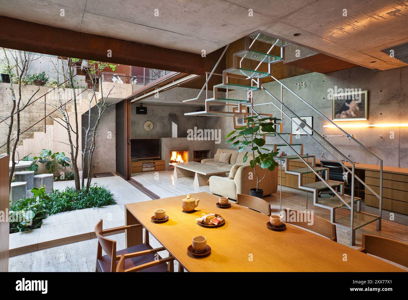 Interior of a japanese house with living room and table with a private ...
