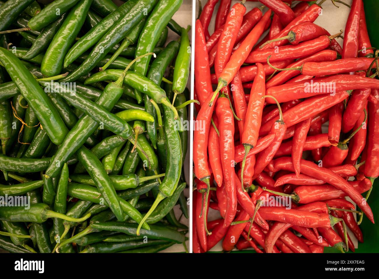 Red and Green Cabai (Capsicum frutescens), a wild hot chili pepper for cooking. Natural background. Stock Photo