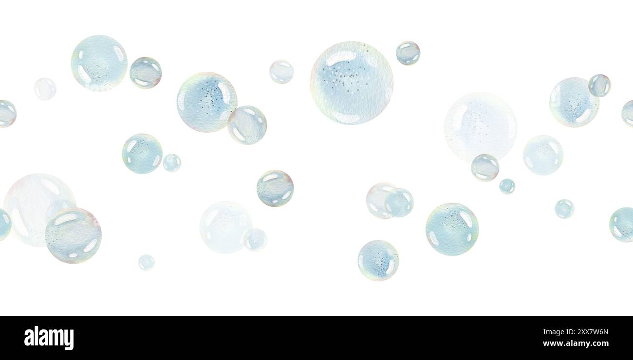 Blue water bubbles of different sizes and tones in a chaotic order. Watercolor illustration drawn by hand. Seamless border, pattern, endlessly Stock Photo