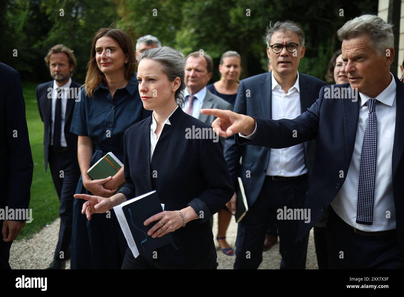 Marine Tondelier (Ecologists), candidate for Prime Minister Lucie Castets, French left-wing alliance New Popular Front (Nouveau Front Populaire, NFP) leaders, Olivier Faure (Socialists), Fabien Roussel (Communists) arrive at the Elysee Palace in Paris, France on August 23, 2024 for a meeting with French president Emmanuel Macron. The meeting is the first in a series between Macron and the heads of parties and parliamentary groups, to appoint a successor to the resigning prime minister, Gabriel Attal. Photo by Raphael Lafargue/ABACAPRESS.COM Stock Photo