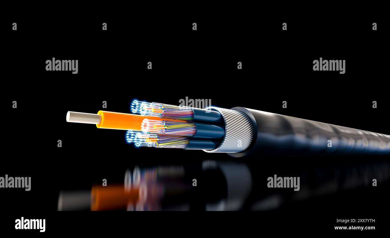 Fiber optic cable transmitting data on black background 3d Stock Photo