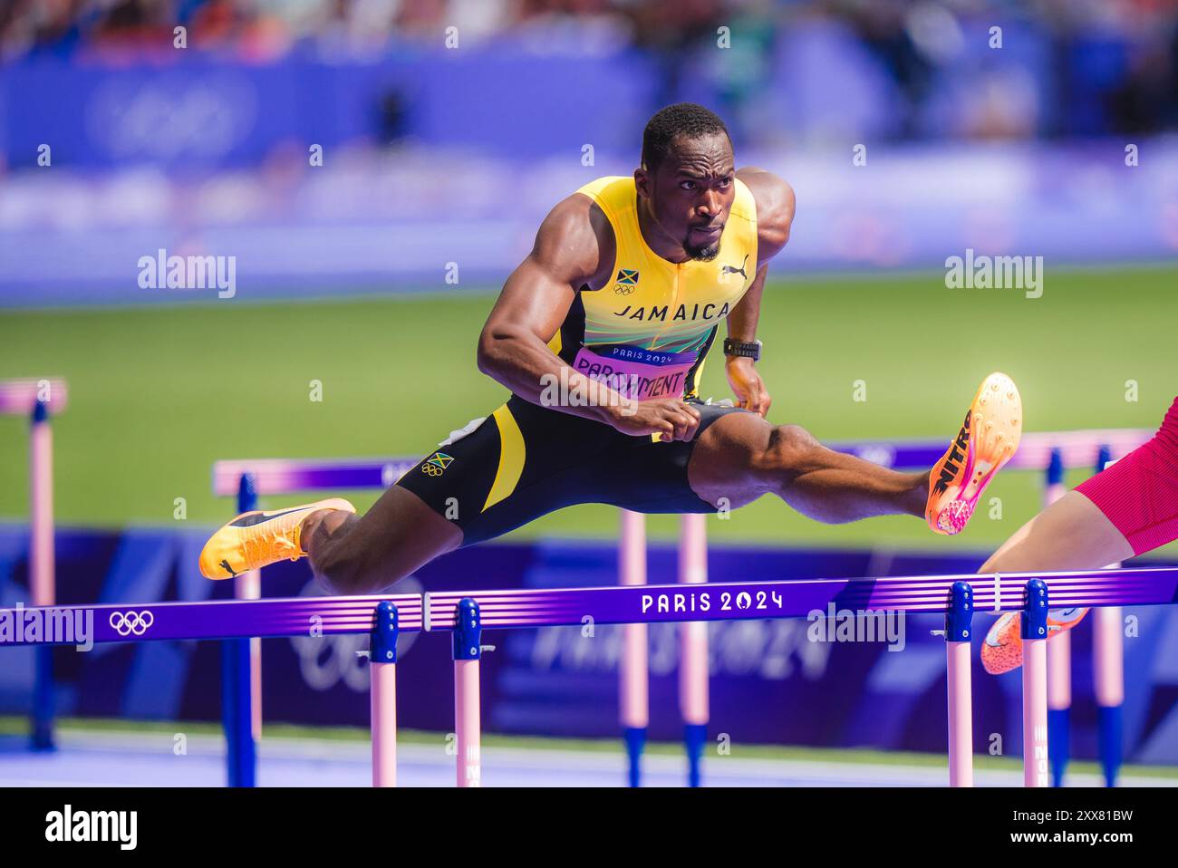 Hansle Parchment participating in the 110 meters hurdles at the Paris 2024 Olympic Games Stock