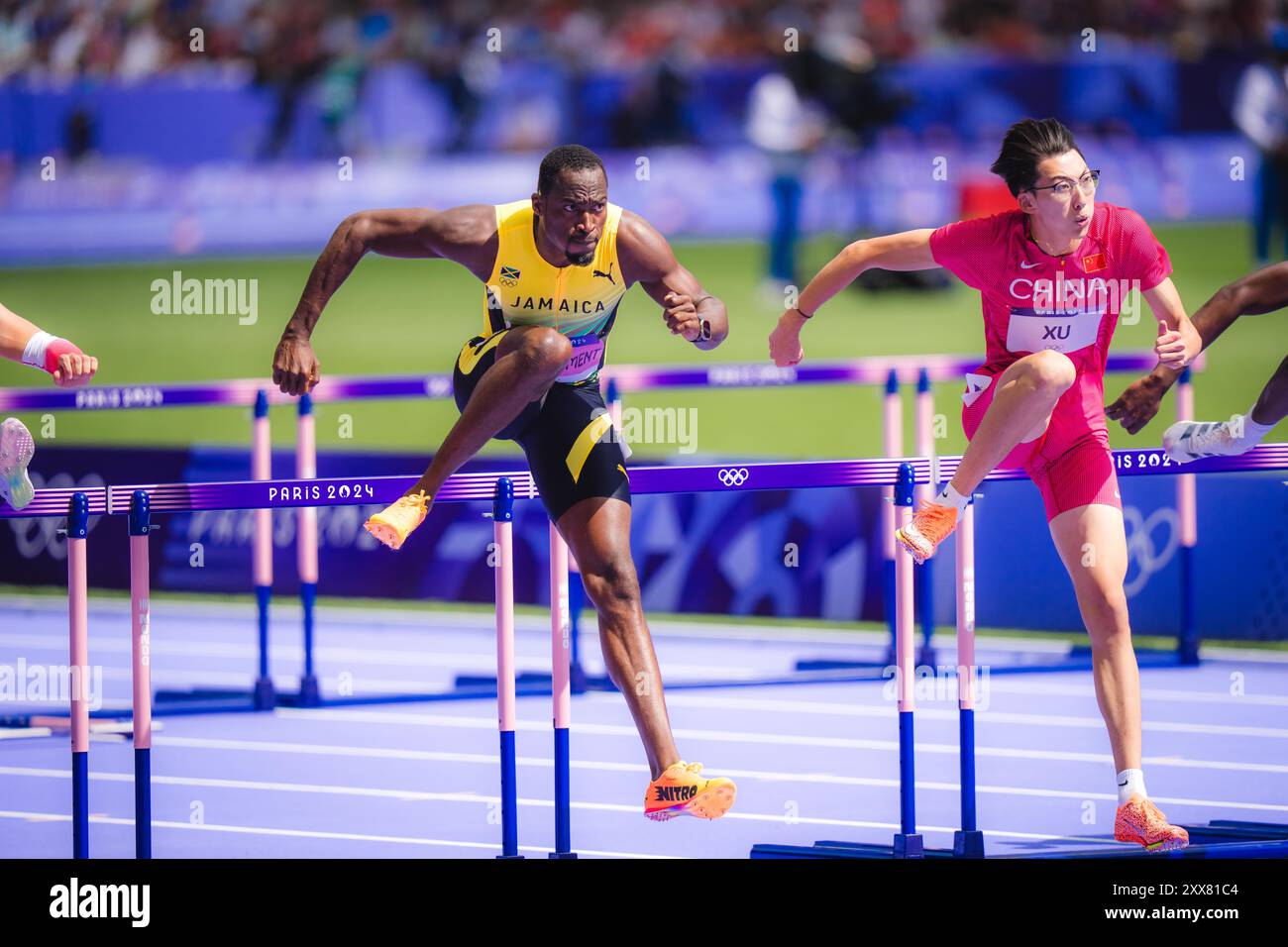 Hansle Parchment participating in the 110 meters hurdles at the Paris 2024 Olympic Games Stock