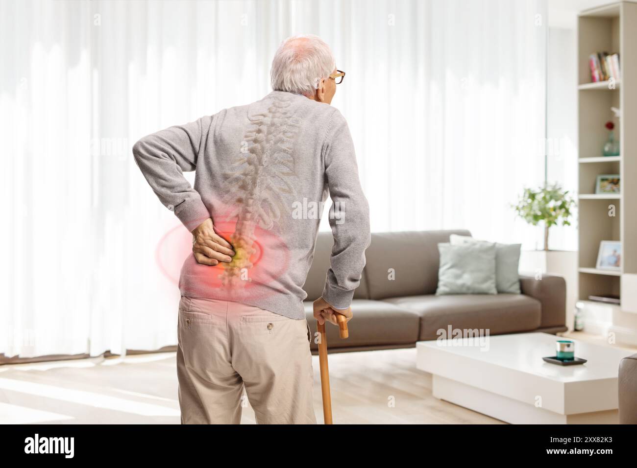 Rear view shot of an older man with a cane holding his painful back ...
