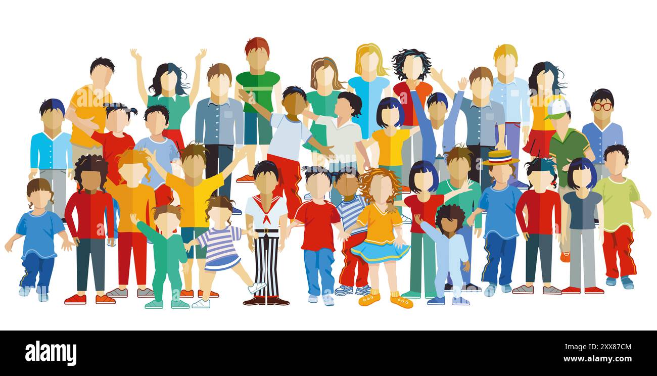 A large group of children having fun, isolated illustration Stock Photo