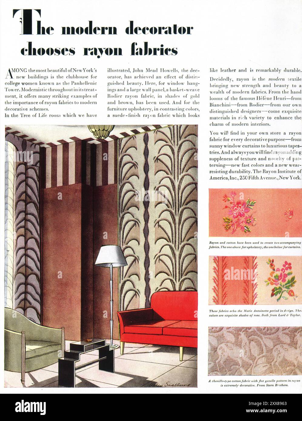 1929 Rayon Fabrics Ad - window hangings, wall panels Stock Photo