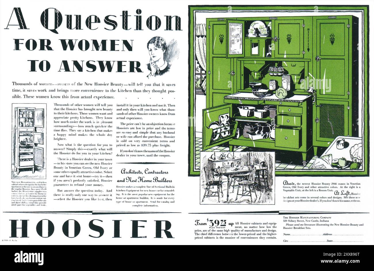 1929 Hoosier Kitchen Cabinet Ad - Thousands of women—owners of the new Hoosier Beauty—will tell you that it saves time..." Stock Photo
