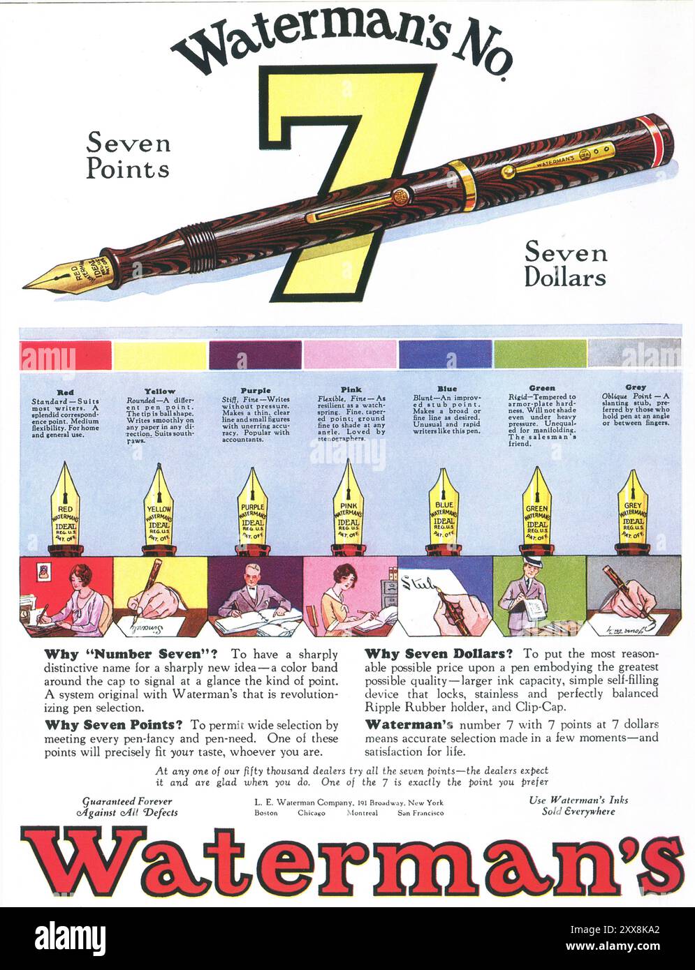 1929 Waterman's Fountain Pens Ad - Seven Points, Seven Dollars Stock Photo