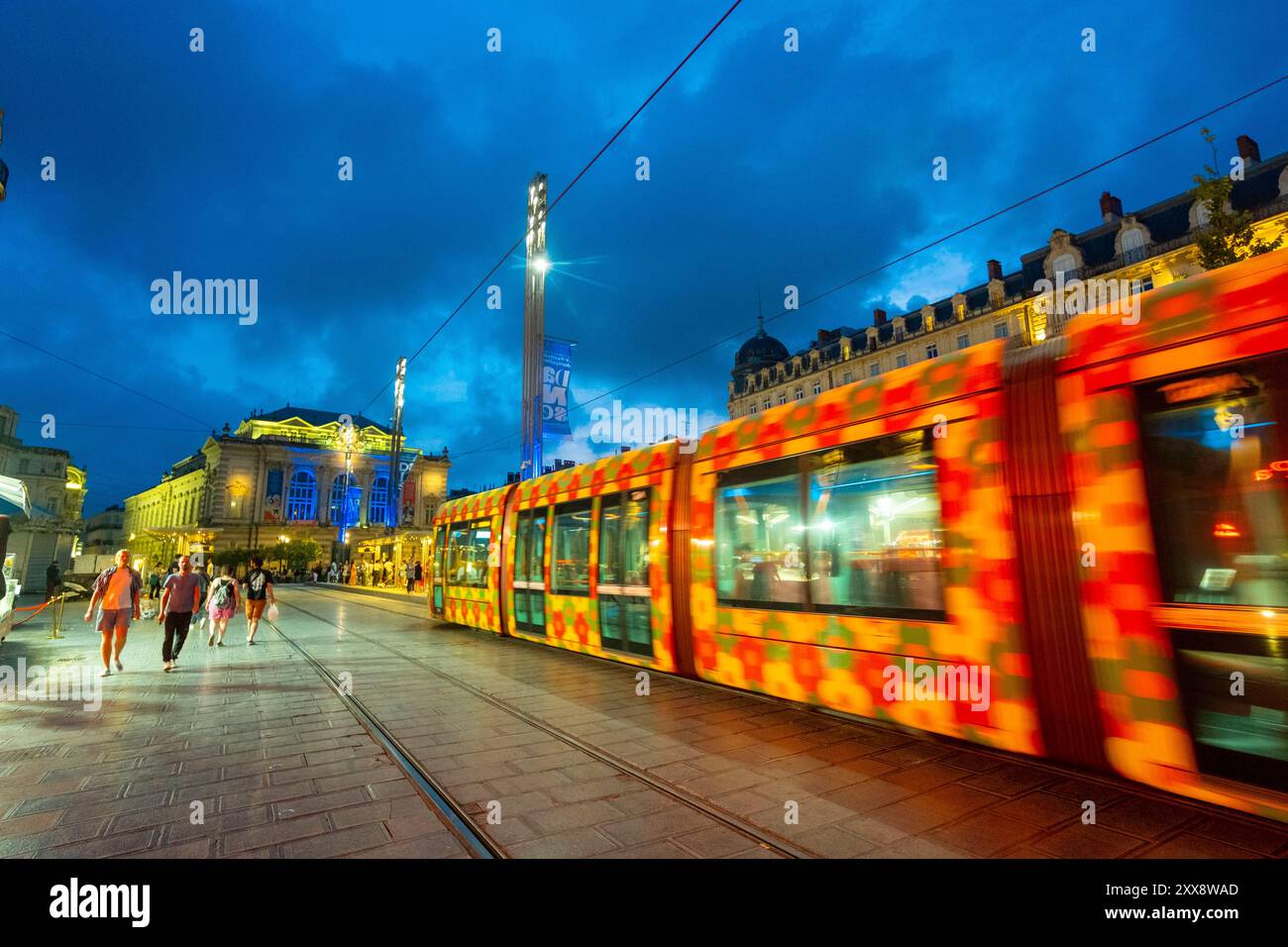 France, Herault, Montpellier, historic center, Place de la Comedie and the tramway Stock Photo