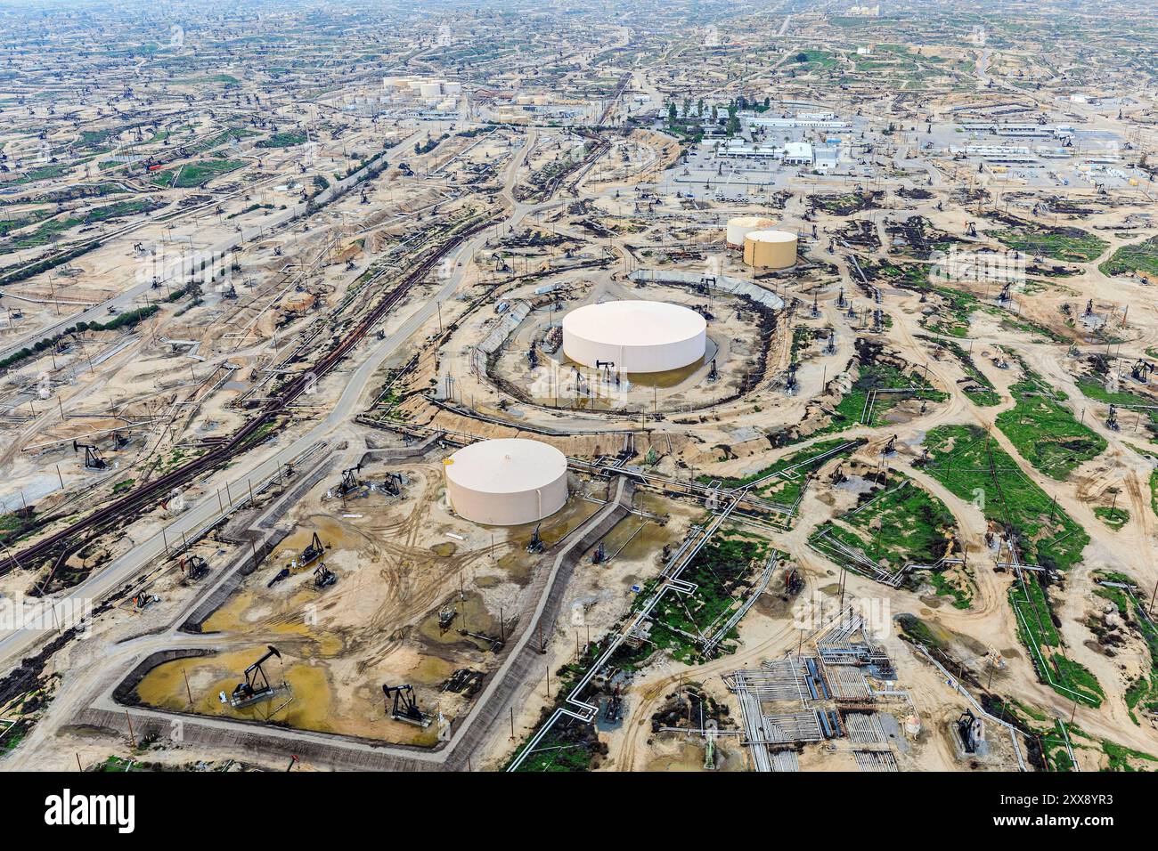 United States, California, Kern County, Bakersfield, oil field, drilling (aerial view) Stock Photo