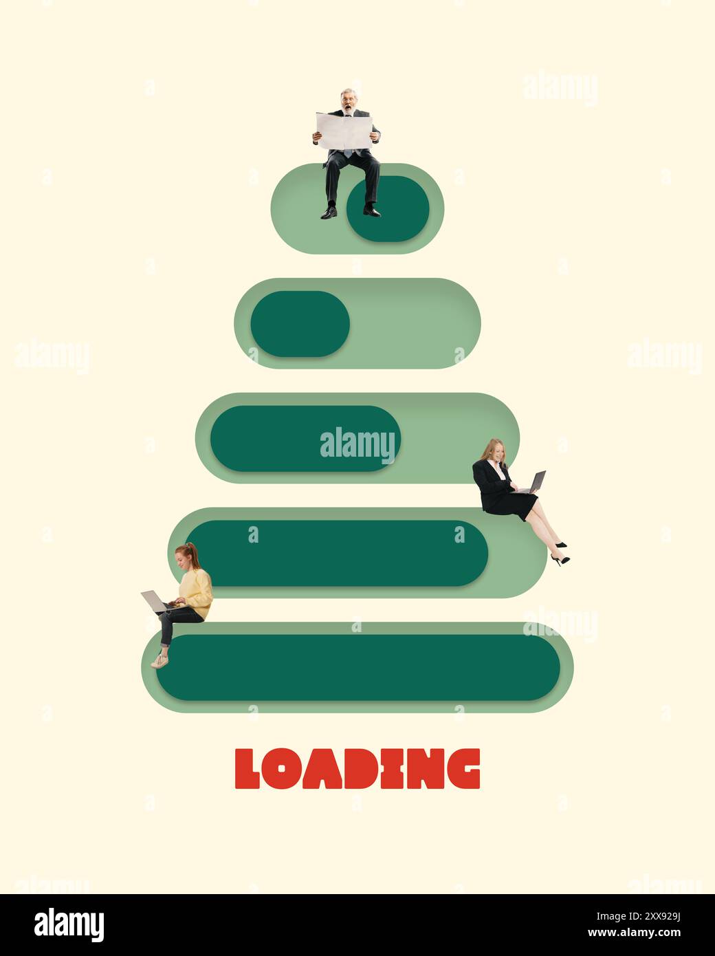 Poster. Contemporary art collage. People work atop loading bar shaped ...