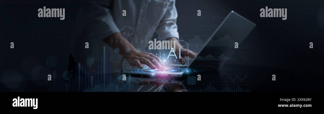 Data Scientists. Man programmer using laptop to analyze and develop various information about futuristic virtual interface. AI, Algorithm. marketing a Stock Photo